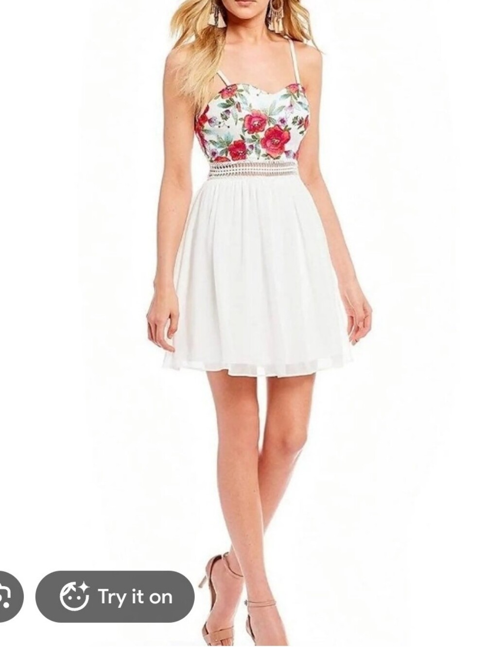 Size 11 white fitted floral bodice chiffon skirt dress w sweetheart neckline NWT